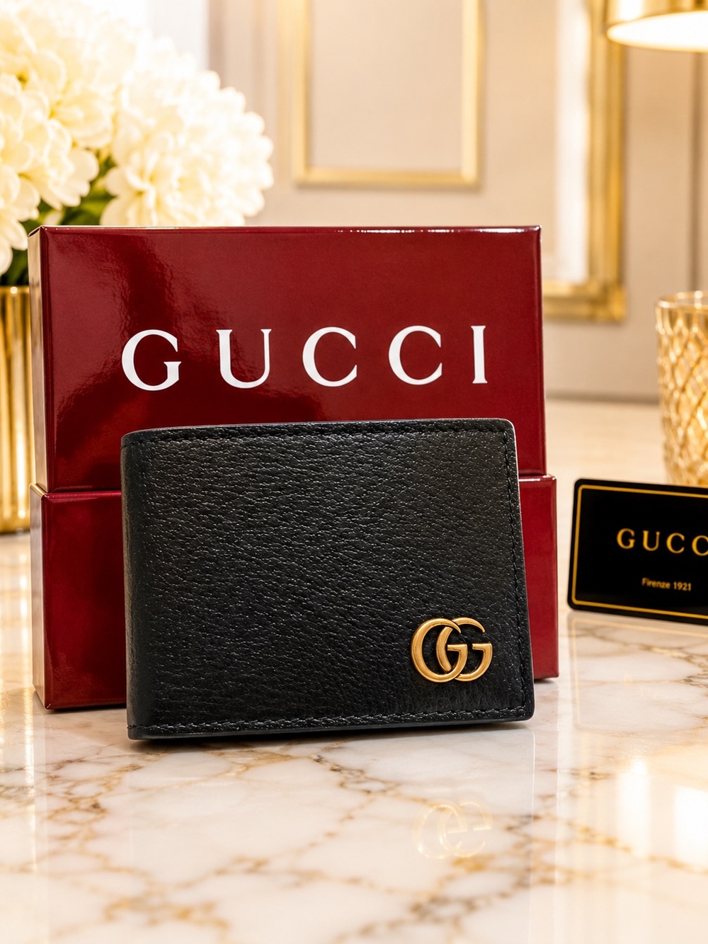 Gucci Black Leather GG Marmont Bifold Wallet Brand New